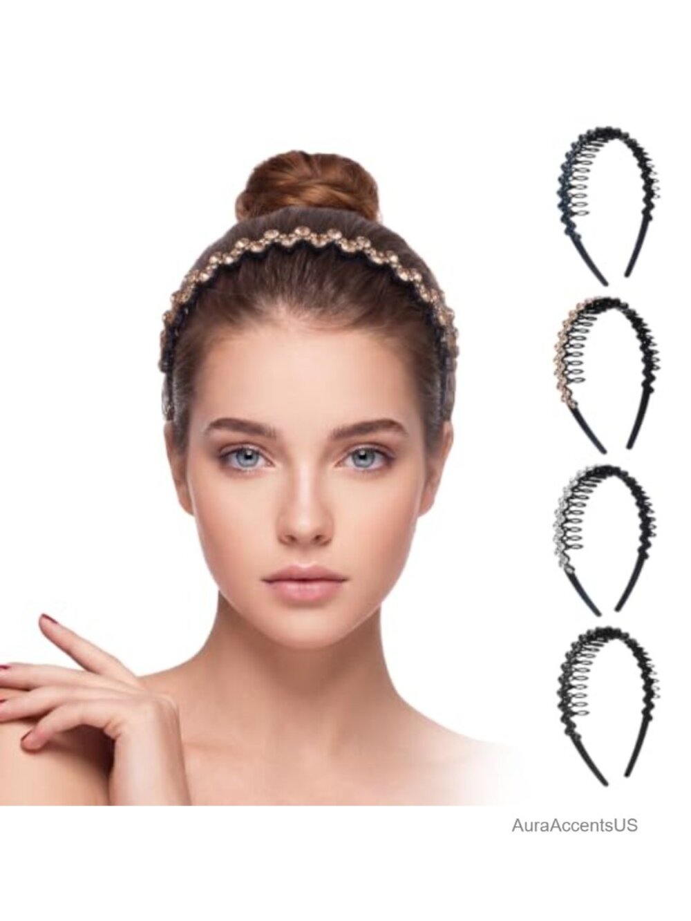 4 Pc Rhinestone Headband Set with Teeth Comb, Sparkly Crystal Plastic Hair